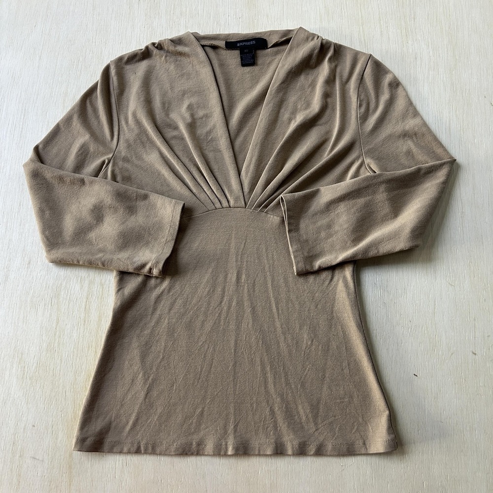 Y2K Express Blouse Womens XS Beige Jersey V Neck Pleated Stretch 3/4 Sleeve Top